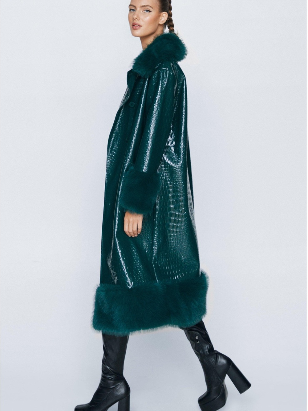 Nasty Gal Deep Teal Croc-Embossed Faux-Fur Trim Trench Coat
